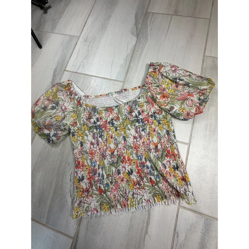 Anthropologie Floral Smocked Puff Sleeve Top Multi Color Square Neck Large
